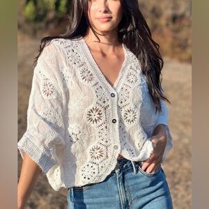 New POL Cream Lace Open Knit Cardigan Top Batwing Sleeve Natural